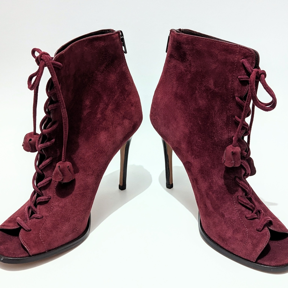 Coach Lena Lux Heels Coach Burgundy Suede Heels Coach Peep toe Lace Up Booties - Picture 3 of 8